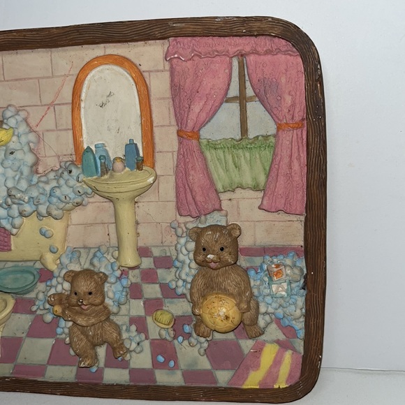 Vintage Teddy Bear Bathing Ceramic Wall Plaque 3D Textured - Picture 5 of 7
